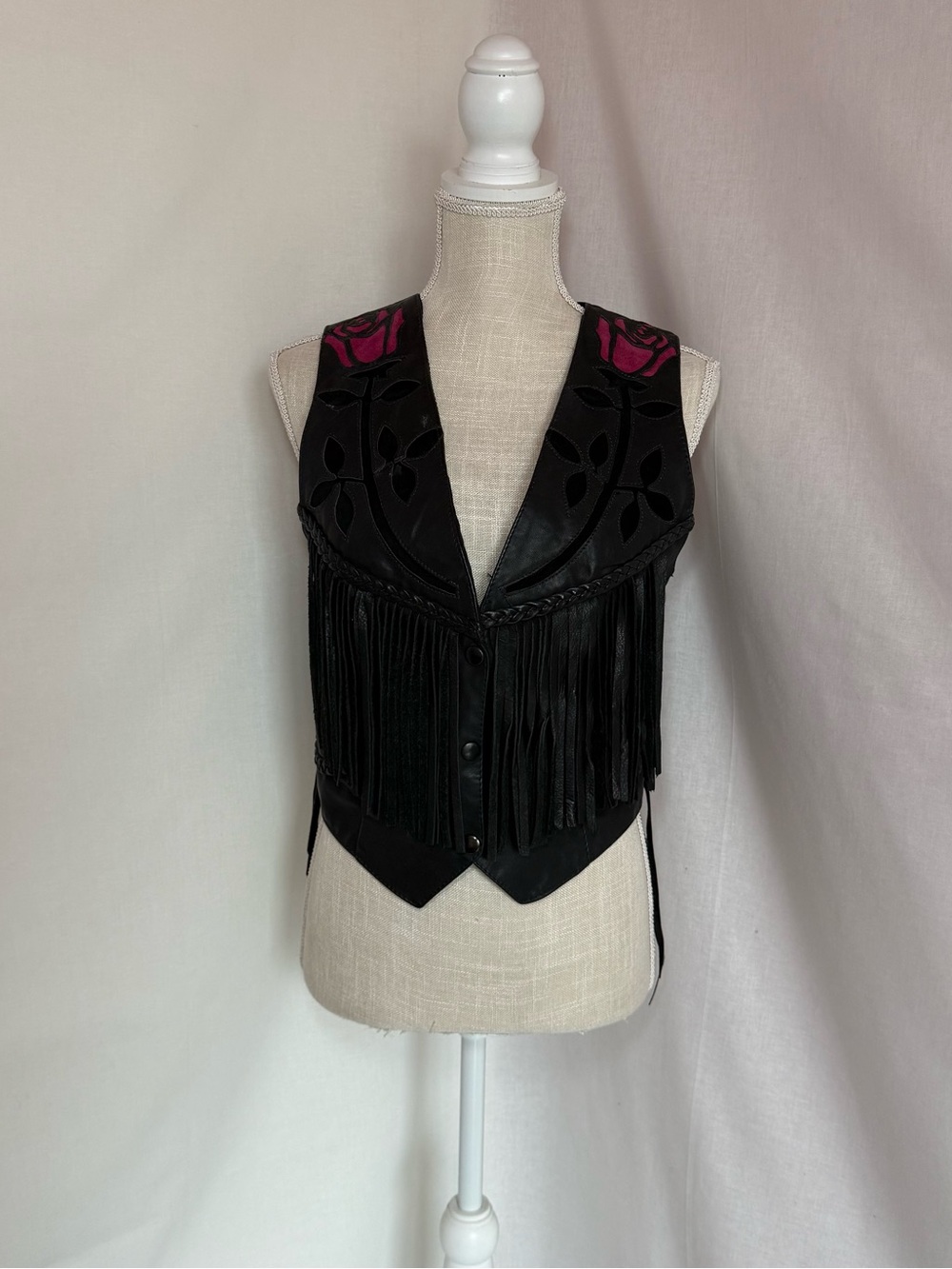 Black Leather Vest with Pink Floral
